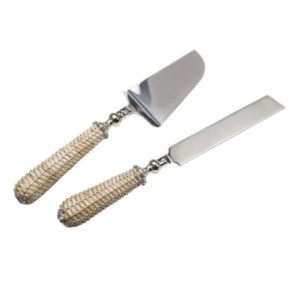 Posate coppia da torta manico bambù 30 cm acciaio inox