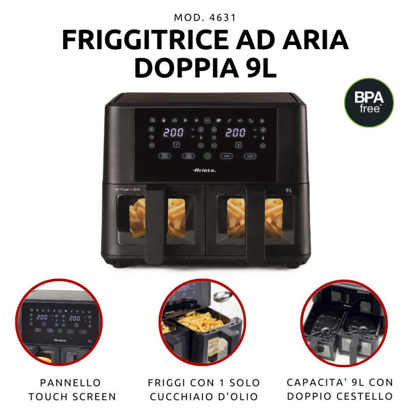 Friggitrice ad Aria Doppia 9L 2400W 11 Programmi Nero