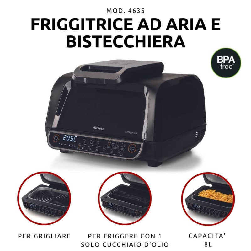 Friggitrice ad aria e griglia 1700W 8L 8 funzioni nero