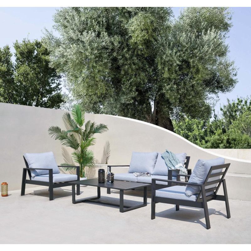 Set Lisbona divano 2 poltrone tavolino alluminio antracite