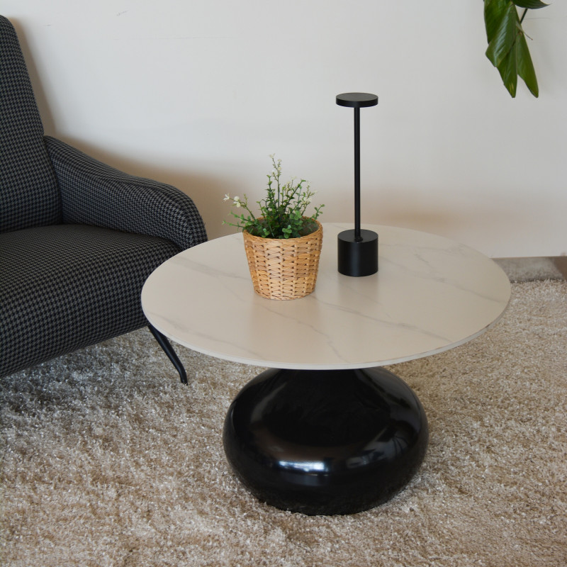 Tavolino Capri bianco effetto marmo base nera moderno salotto
