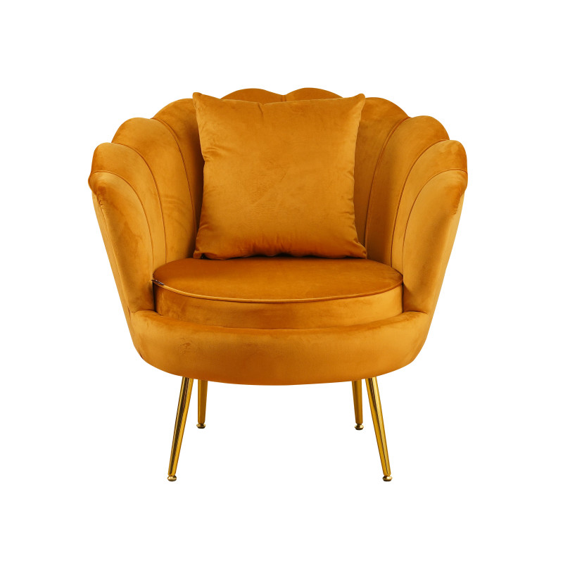 Poltrona Frida velluto senape gambe oro con cuscino elegante
