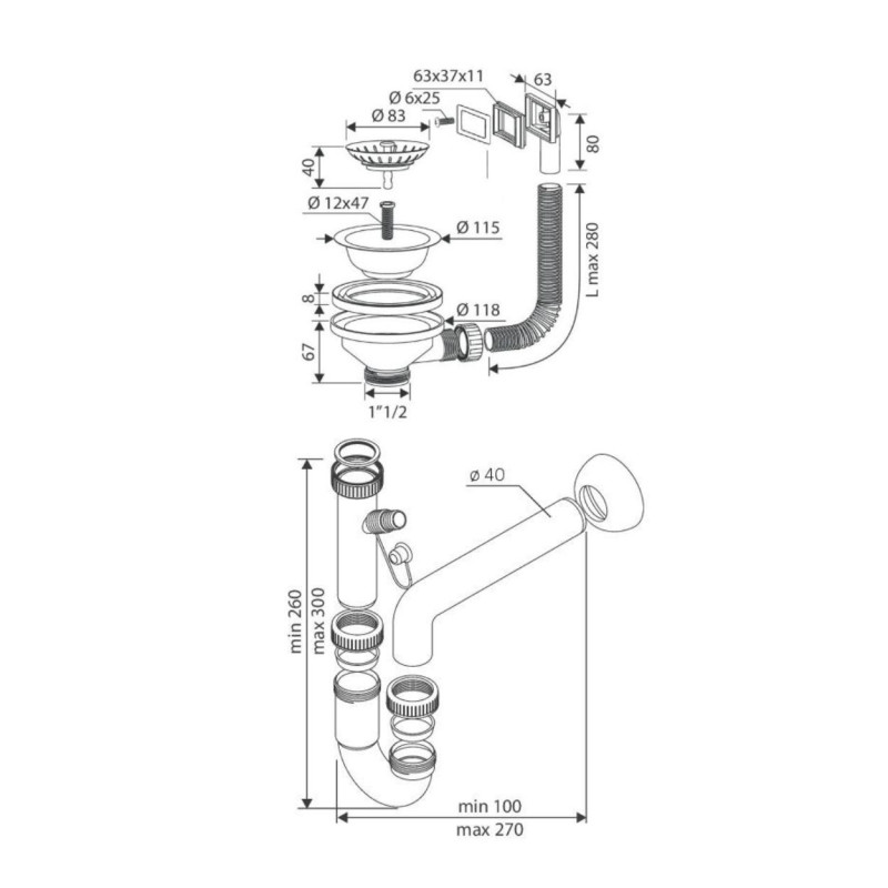 Sifone 1 via lavelli quarzo pilettone eco troppopieno inox