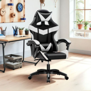 Sedia da ufficio gaming schienale alto PVC nero dettagli bianchi