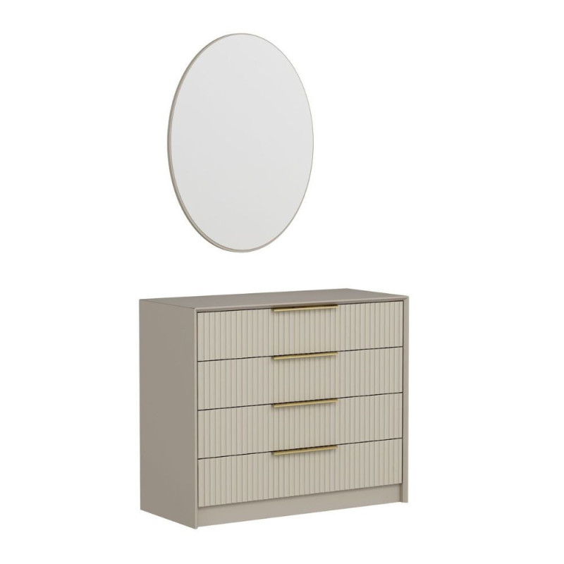 Cassettiera Kale 4 cassetti effetto cannettato cashmere con specchio