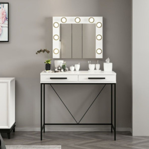 Toeletta da trucco Sane 2 cassetti bianco piedi neri specchio LED