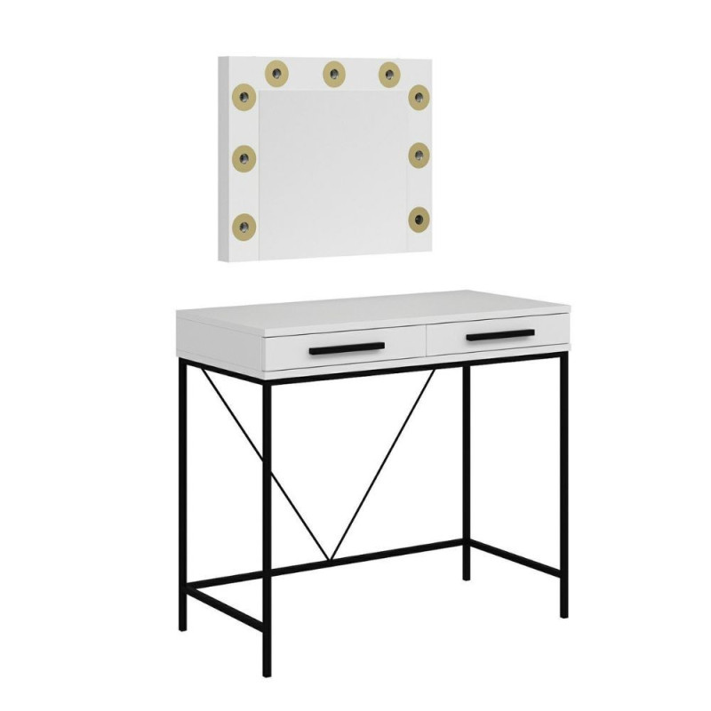 Toeletta da trucco Sane 2 cassetti bianco piedi neri specchio LED