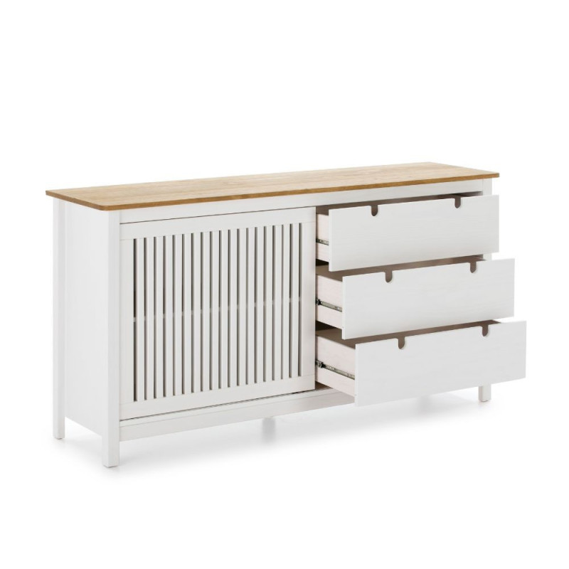 Credenza Bruna 1 anta scorrevole 3 cassetti legno bianco top pino