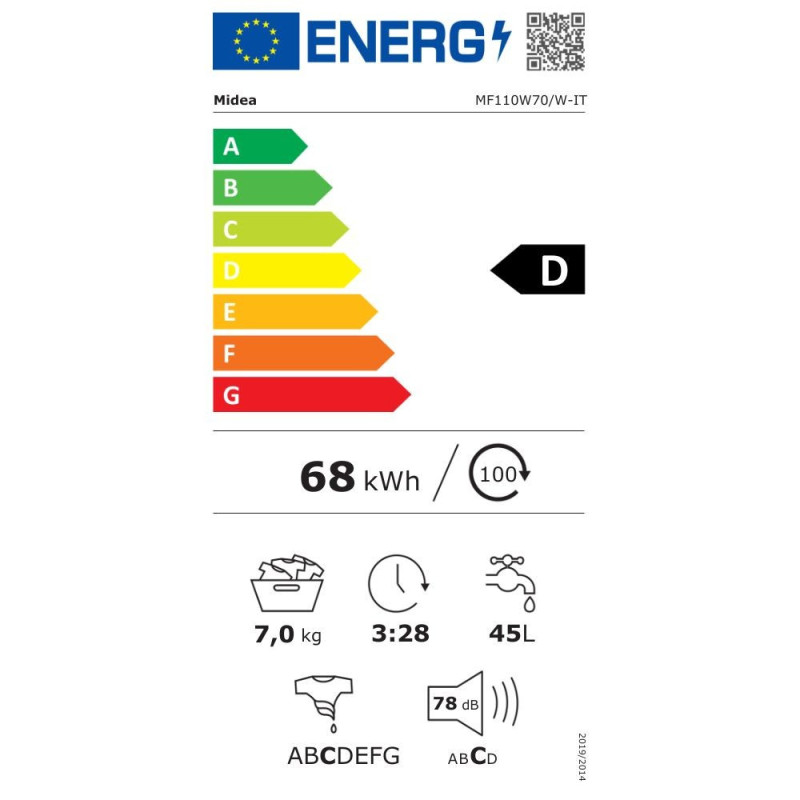 Lavatrice Midea MF110W70W 7 kg 1200 giri bianca classe D