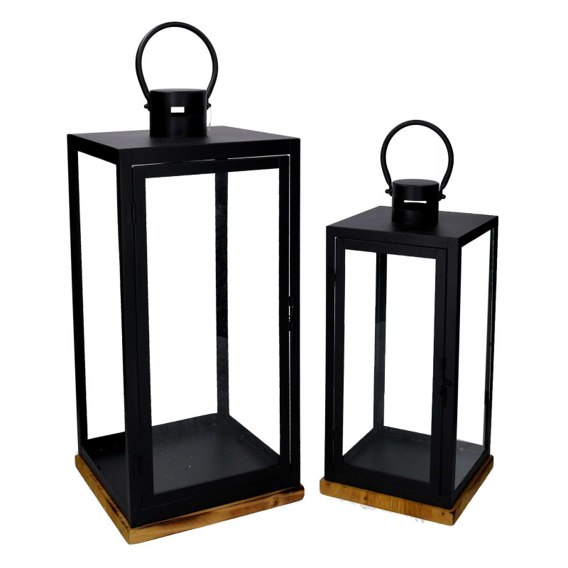Lanterna metallo nero base legno 24x24xH55 cm elegante
