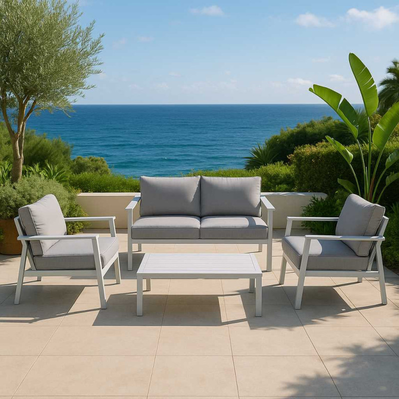 Salotto alluminio Manhattan bianco 2 posti cuscini grigi elegante