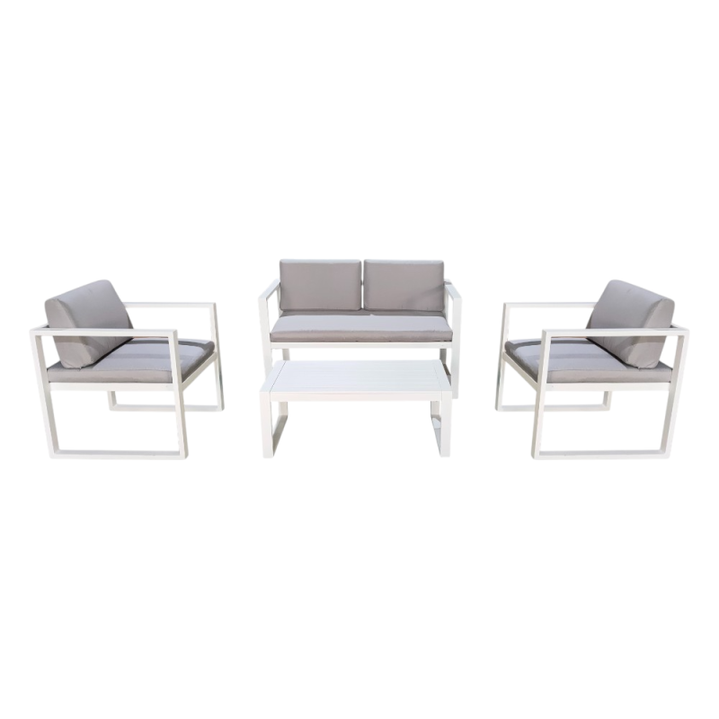 Set Sofa Naxos 4 posti alluminio bianco cuscini grigi giardino