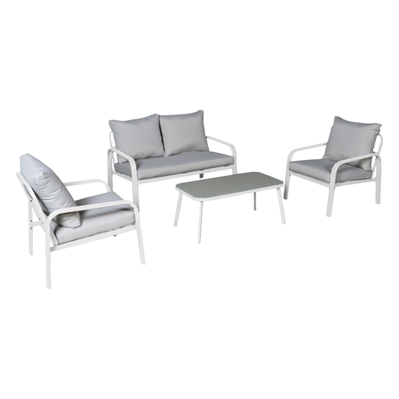 Set Ponza 4 posti metallo bianco cuscini grigio chiaro giardino