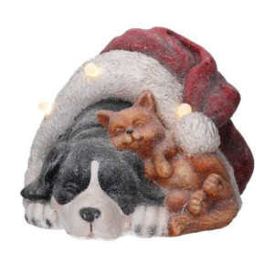 Zoom Cane resina nero con gatto, cappello e led cm 35x34h24,6