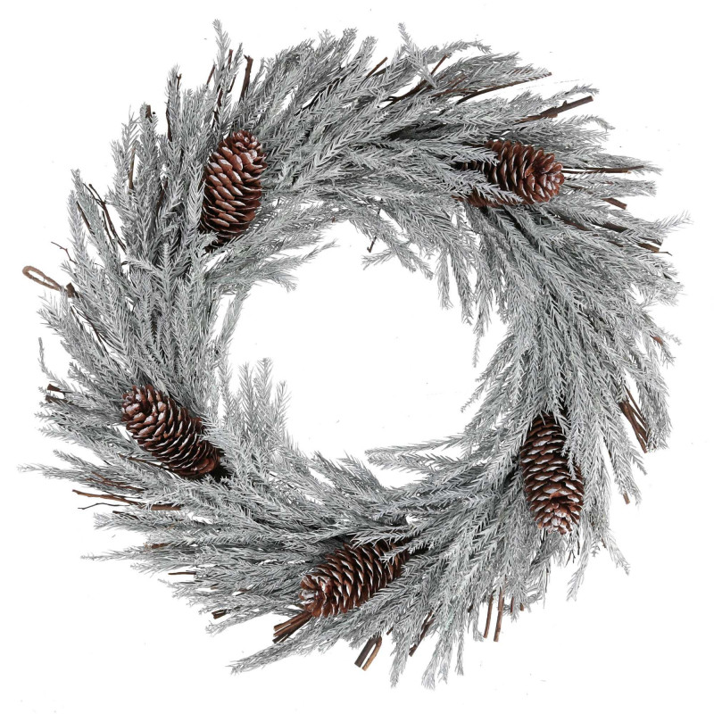 Coroncina innevata bianca con pigne Ø46x8,5 cm - Decorazione Natale