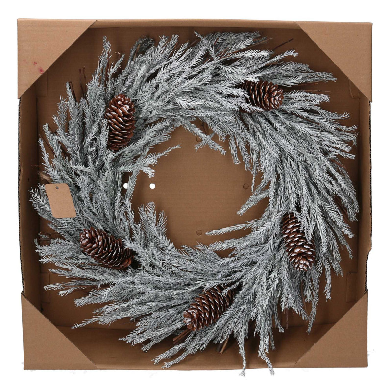 Coroncina innevata bianca con pigne Ø46x8,5 cm - Decorazione Natale