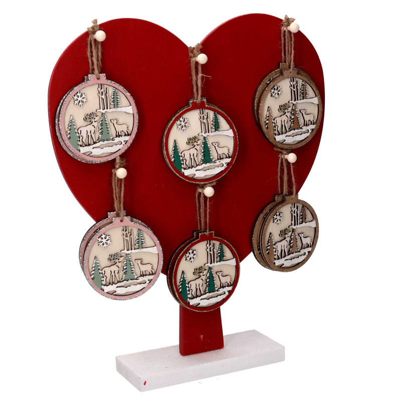 Cuore legno rosso 29x65x35 cm con renna - Addobbo decorativo