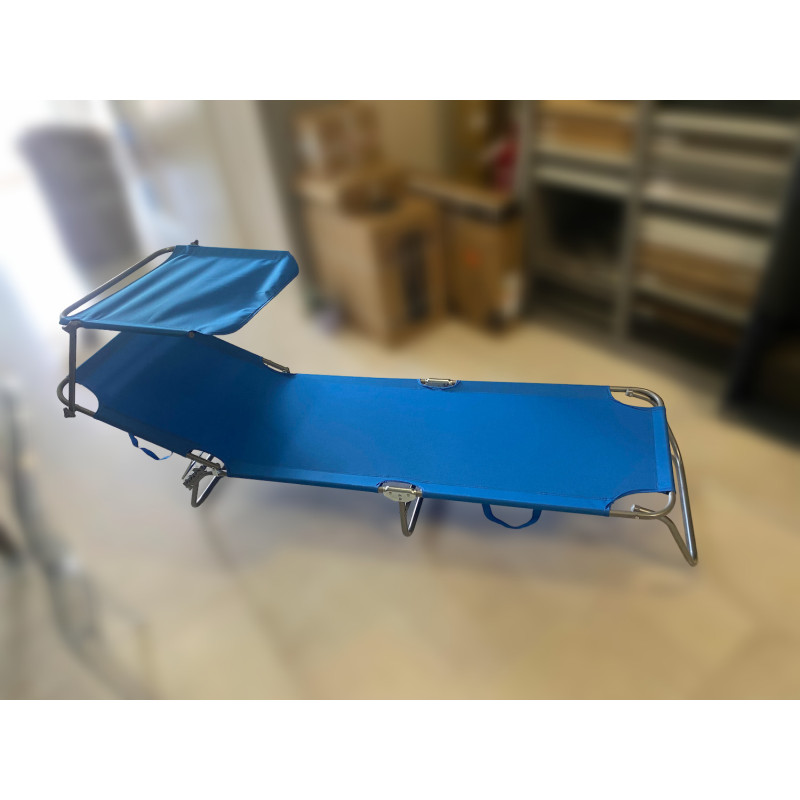 Set 4 lettini pieghevoli con parasole blu in ferro giardino