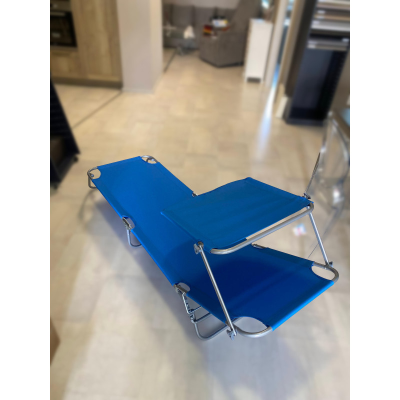 Set 4 lettini pieghevoli con parasole blu in ferro giardino