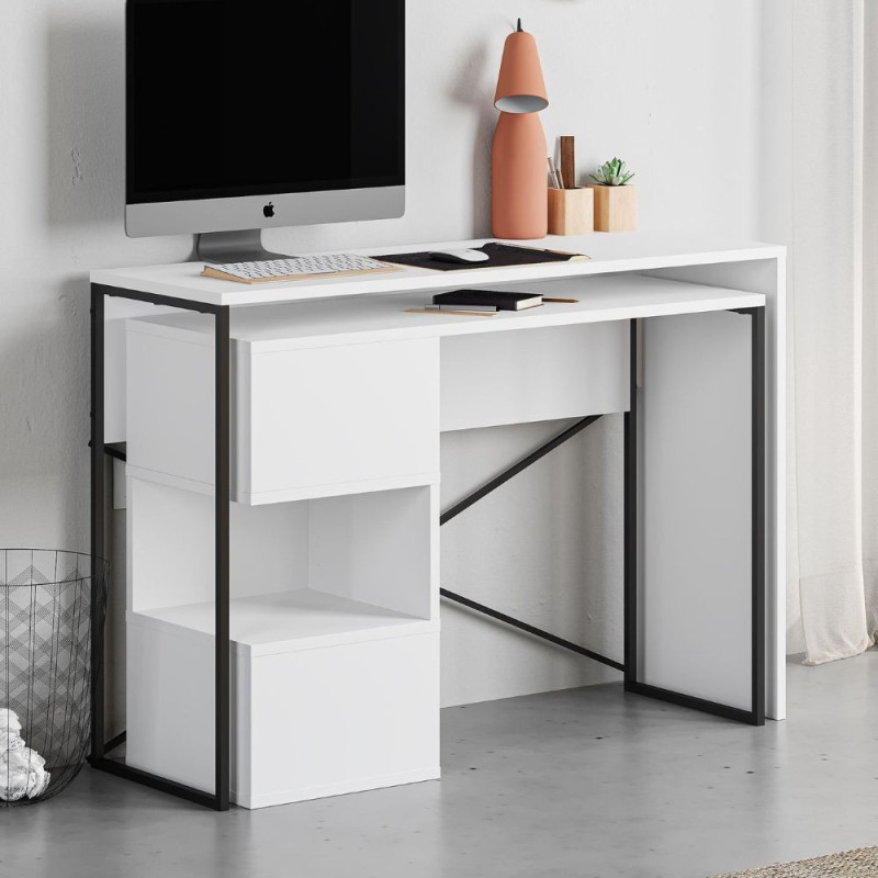 Scrivania espandibile Badau bianca gambe nere 110x37,2x77 cm