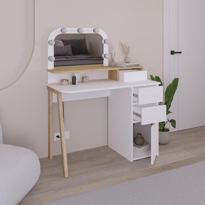 Toeletta Avien con specchio LED bianco e rovere