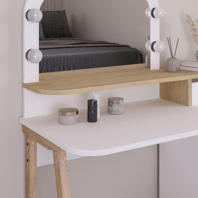 Toeletta Avien con specchio LED bianco e rovere