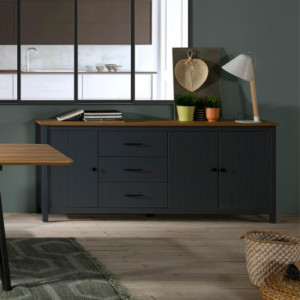 Zoom Credenza Miranda con 3 ante e 3 cassetti in legno massiccio blu con top pino