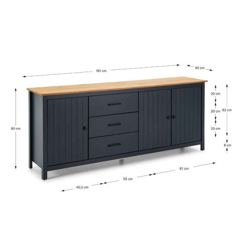 Credenza Miranda 3 ante 3 cassetti legno massiccio blu top pino
