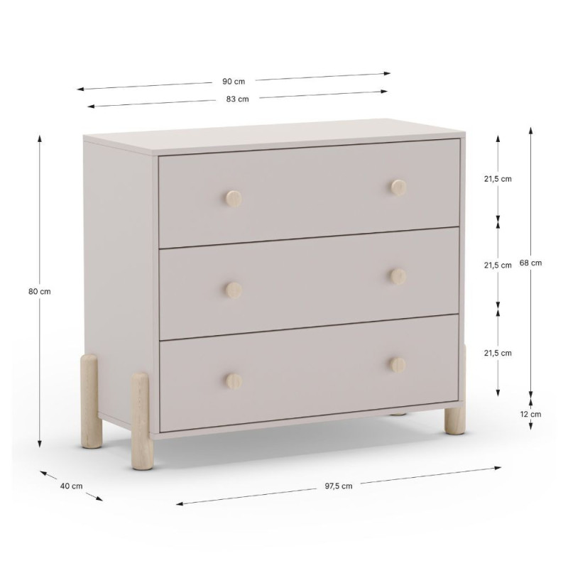 Cassettiera Enola 3 cassetti legno massiccio beige gambe pino