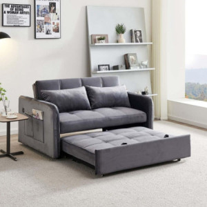 Zoom Divano letto Clorene in velluto grigio con tasche e presa USB laterale