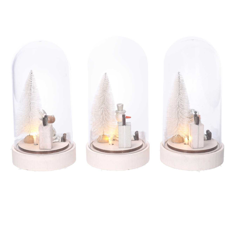 Set 3 Campane LED Legno Argento Ø11x21 cm Decorazioni Natale