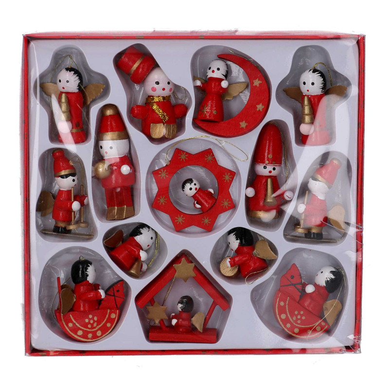 Set 2 Addobbi Albero Legno Rosso Oro 20,5x19,5xH3 cm 14 pz Natale
