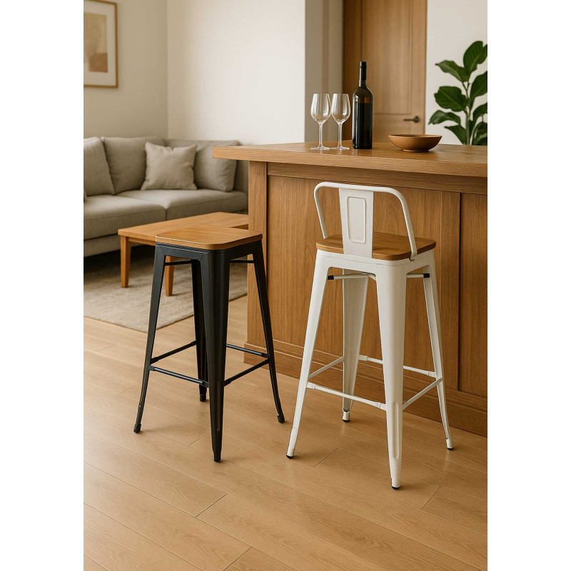 Sgabello ferro New Bristol nero seduta legno 42x42x76 cm giardino