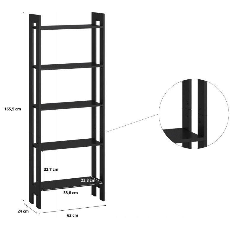 Scaffale a scala 5 ripiani nero 165x62 cm moderno e robusto