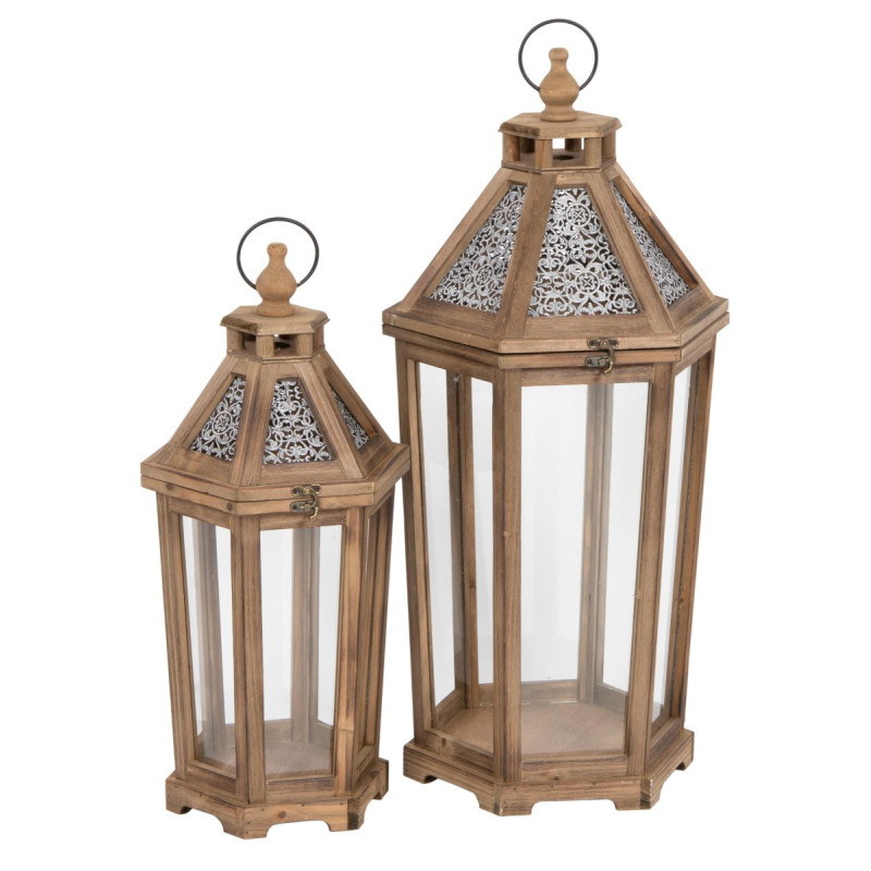 Set 2 lanterne Adeline legno marrone tetto metallo - eleganza rustica