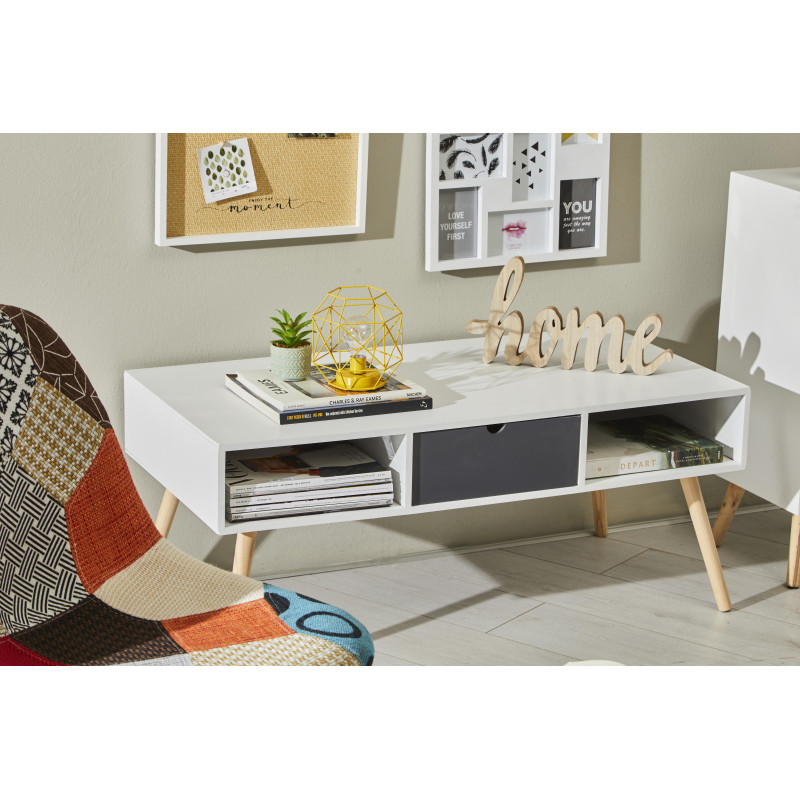 Tavolino Flynn 1 Cassetto 2 Vani 100x50x43cm Bianco/Grigio