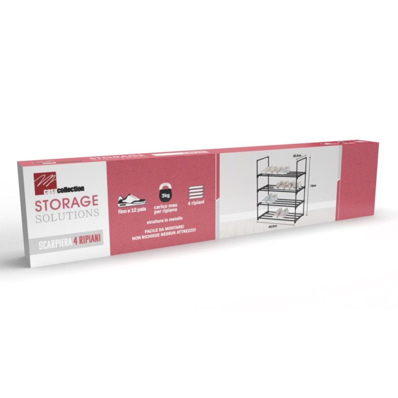 Scarpiera Scaffale 4 Ripiani Metallo Nero 65,5x29,5x72cm Moderna