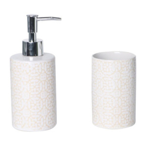 Set 2 Pezzi Maiolica Ceramica Beige Dosatore e Portaspazzolino