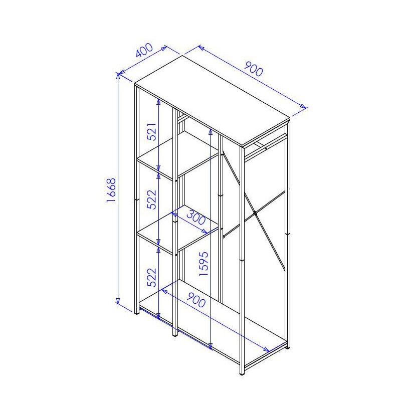Porta Abiti 3 Ripiani Hamilton Metallo Nero Legno 90x40x166,8cm
