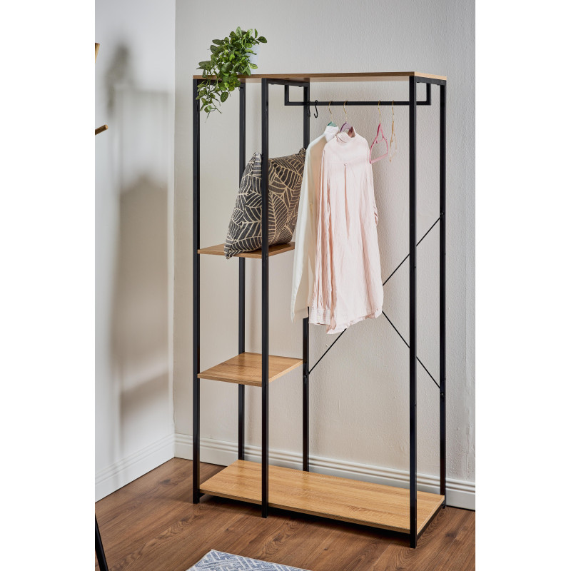 Porta Abiti 3 Ripiani Hamilton Metallo Nero Legno 90x40x166,8cm