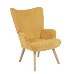Poltrona Hilary Tessuto Ocra Gambe Legno Naturale Design