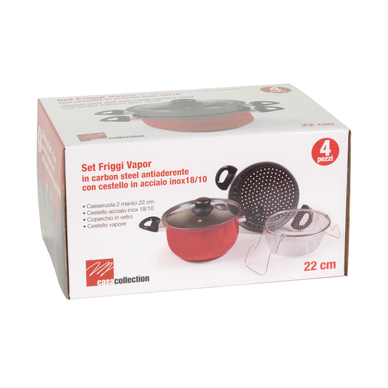 Set di 4 Confezioni 4 Friggi Vapo Ø22 cm Carbon Steel Grigio Rosso