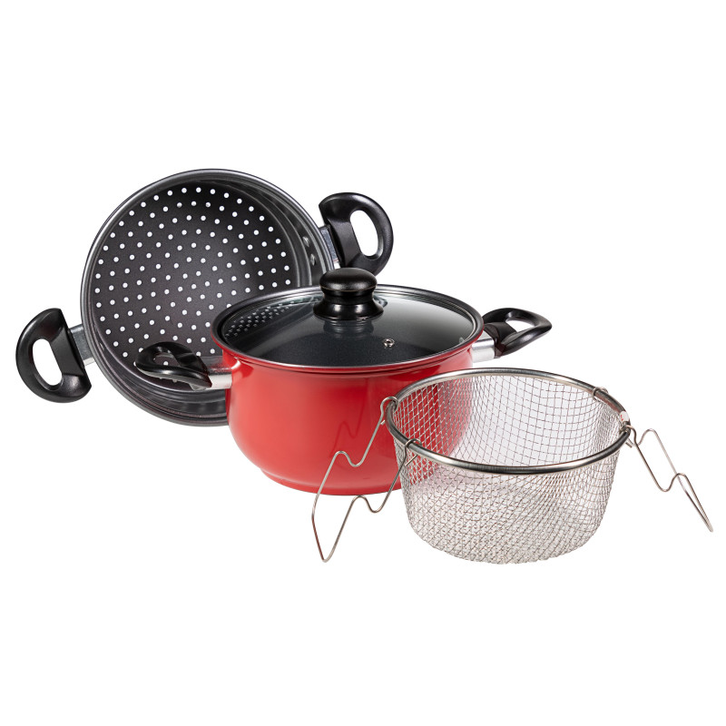 Set di 4 Confezioni 4 Friggi Vapo Ø22 cm Carbon Steel Grigio Rosso