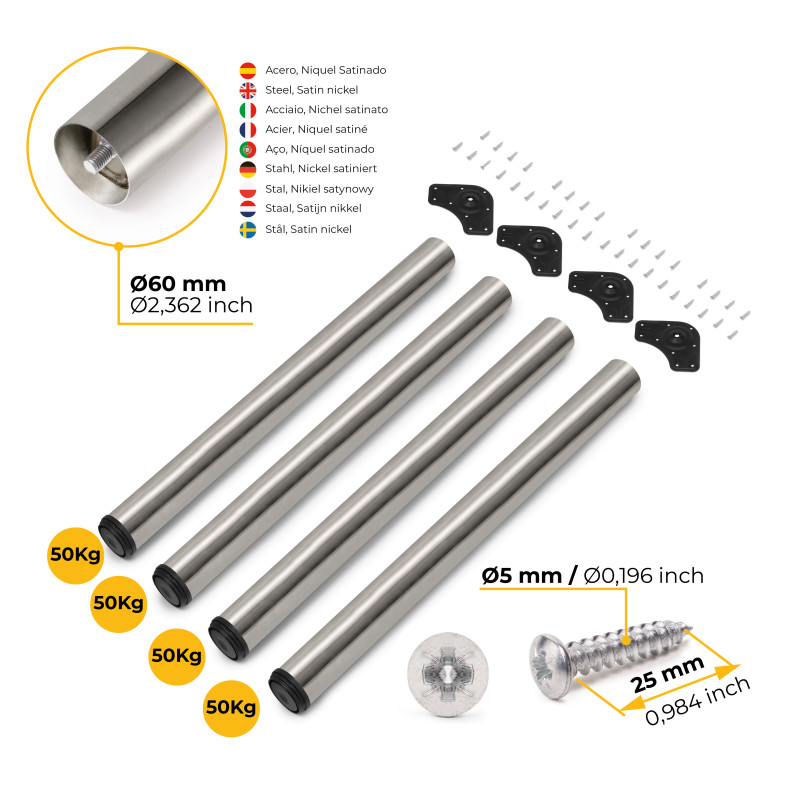 Lotto di 4 gambe per tavolo, diametro 60mm, H 710mm, Acciaio, Nichel satinado