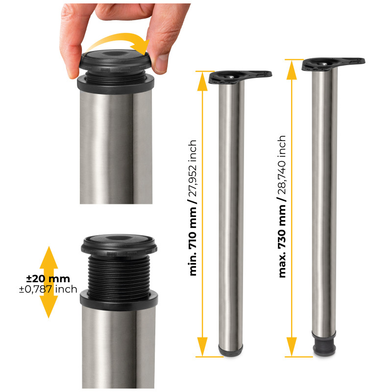 Lotto di 4 gambe per tavolo, diametro 60mm, H 710mm, Acciaio, Nichel satinado