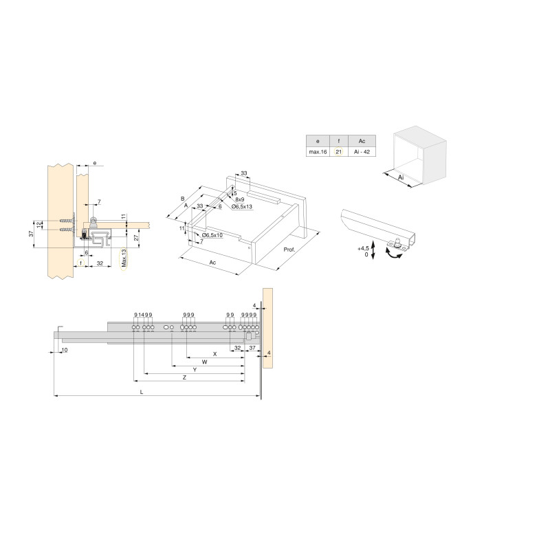 Set di guide per cassetti a scomparsa Silver, estrazione totale, con chiusura soft e aggancio, profondità 290 mm, Acciaio