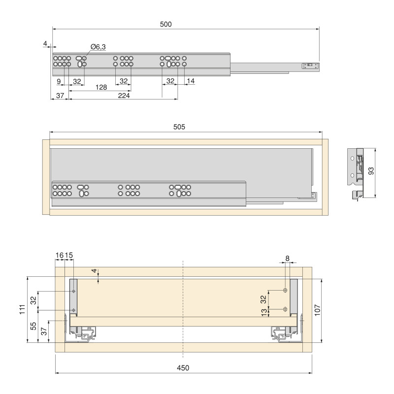 Kit di cassetti per cucina o bagno Vertex con regolazione 3D, altezza 93 mm, con pannelli inclusi, modulo 450 mm, Grigio a