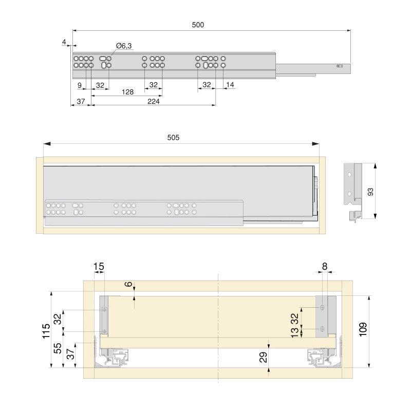 Kit di cassetti per cucina o bagno Vertex con regolazione 3D, altezza 93 mm, con pannelli inclusi, modulo 900 mm, Grigio a