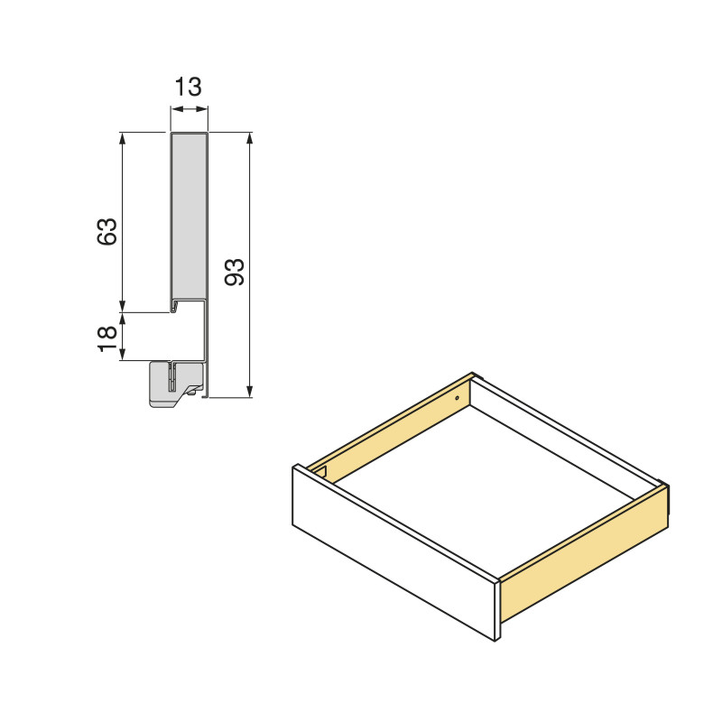 Cassetto esterno Vertex con regolazione 3D altezza 131mm, 40kg, spessore del pannello di 18mm, profondità 450mm, Acciaio