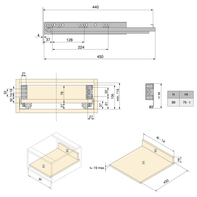 Cassetto esterno Simplex 25 kg, altezza 88 mm, profondità 440 mm, Acciaio, Grigio antracite
